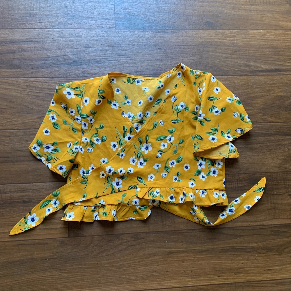 Yellow Floral Tie-Front Crop Top